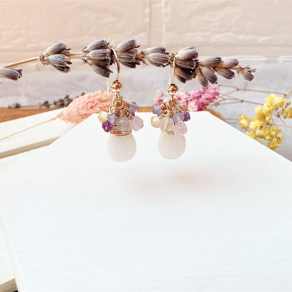 14k Gold-Filled Moonstone and Mini Gemstone Cluster Earrings | Handmade in BC